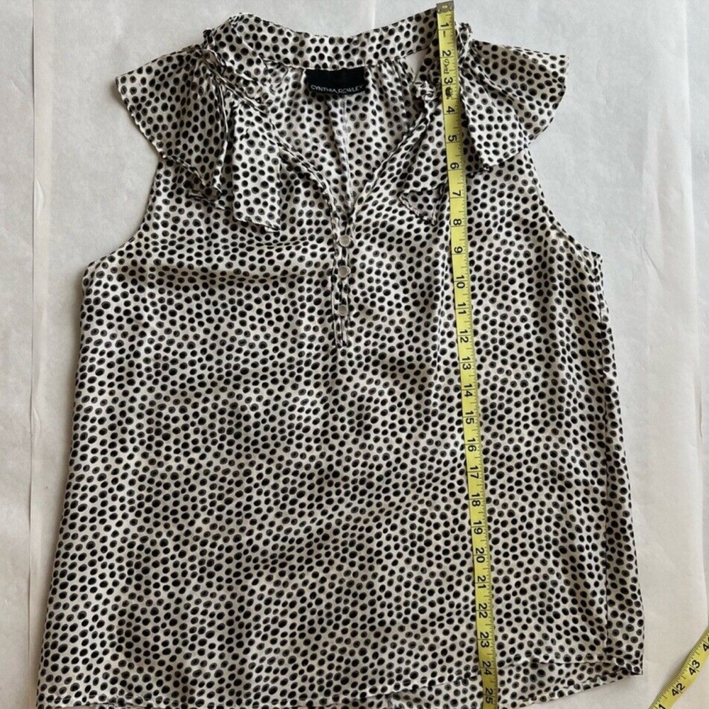 Cynthia Rowley 100 % Silk White Black Polka Dot V Neck Ruffle Sleeveless Top - Picture 6 of 7